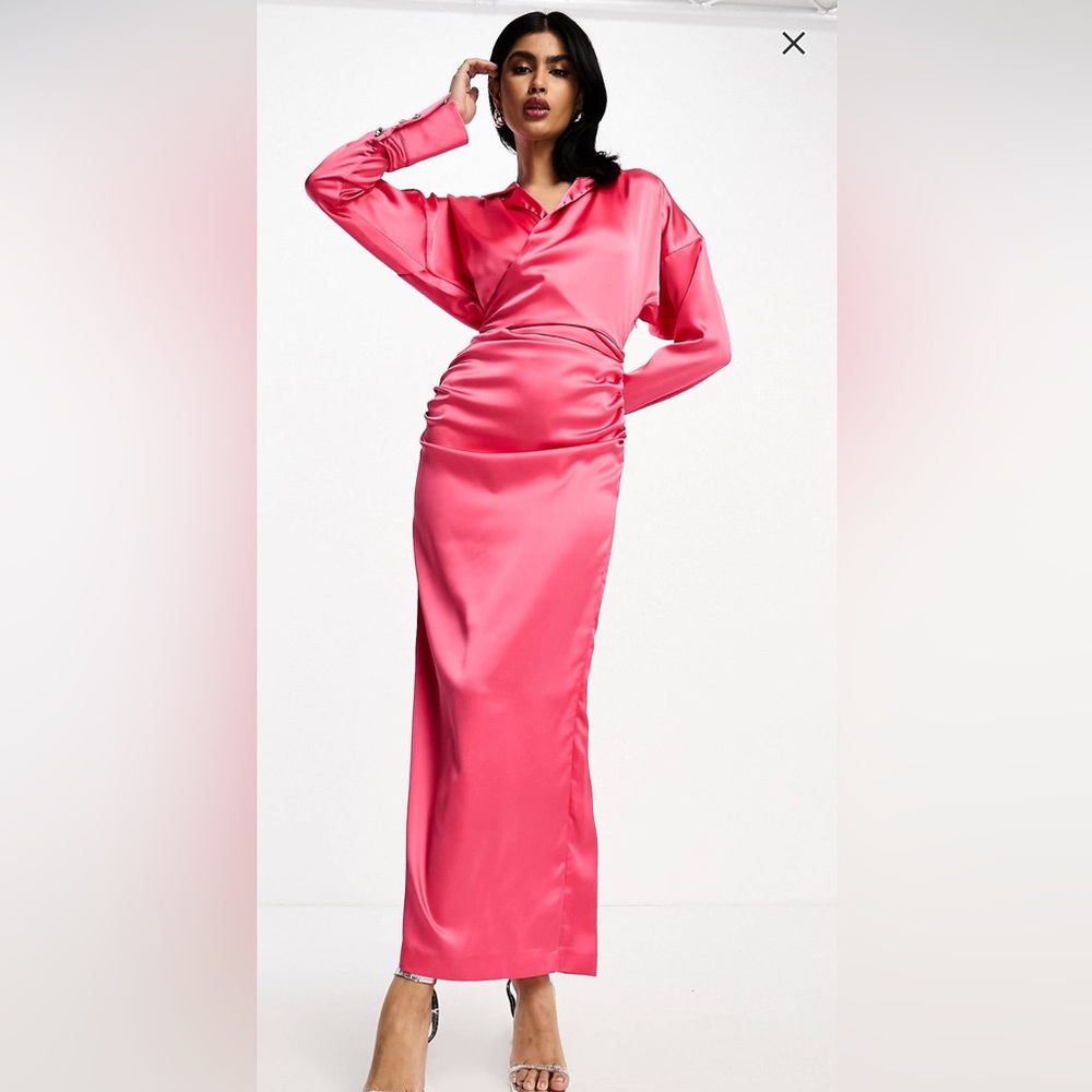 NWT large DASKA pink satin wrap bodice, diamanté buttons long sleeves maxi Dress